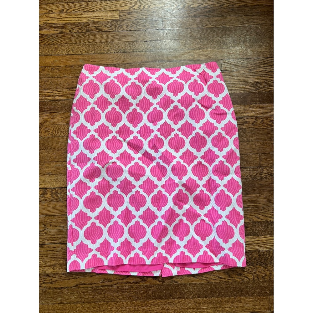 Talbots‎ Pink White Geometric Quatrefoil Cotton Pencil Skirt Size 10 Womens